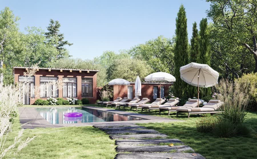 Communal pool with loungers and garden