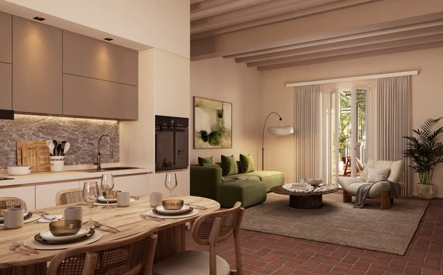 Kitchen and living area with beamed ceiling