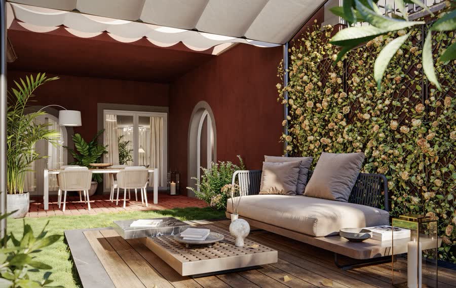 Covered terrace with climbing roses